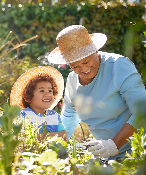 grandmother and grandson in the garden